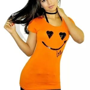 Orange Smiley Miley Face Fitted T-Shirt top New